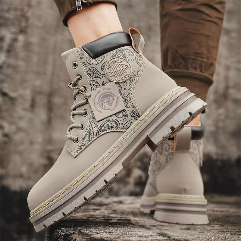 Men's high top Martin boots autumn and winter outdoor casual workwear shoes retro frosted surface thick soled yellow boots