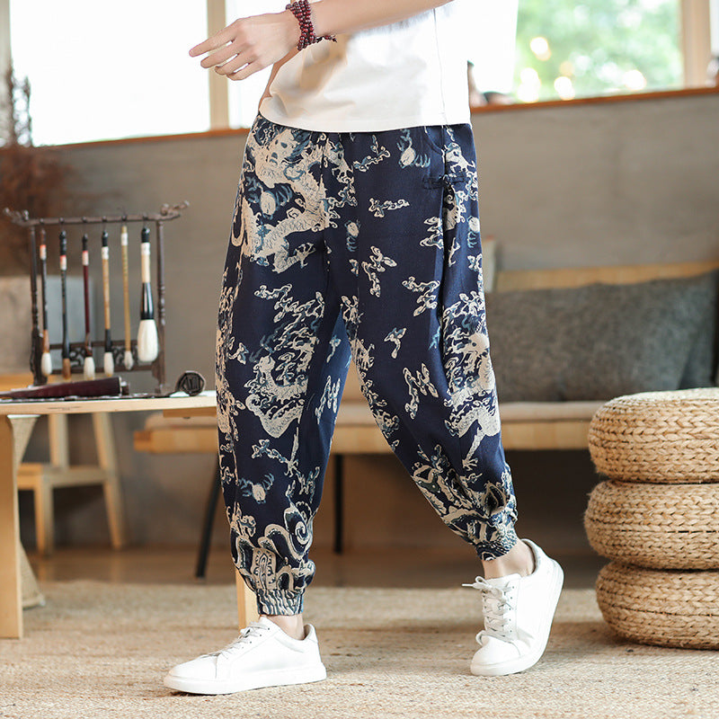 Style Casual Trousers for Men Trendy Long Pants Loose Fit Wide Leg Cuffed Pants