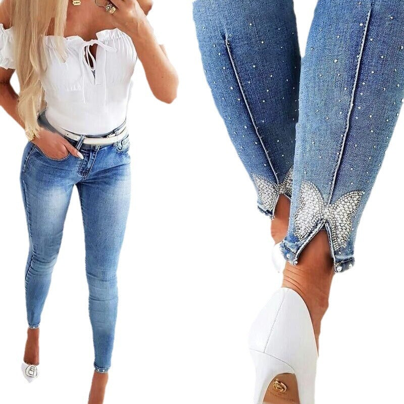 Washed nail bead denim women's short leg pants