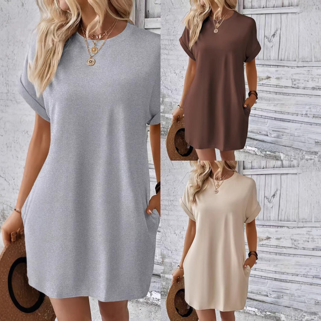 Short sleeved solid color round neck dress with pocket casual dress