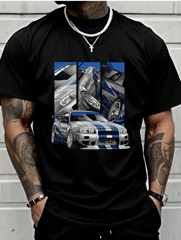 Round Neck T-Shirt with Car and Beer Pattern Custom Order