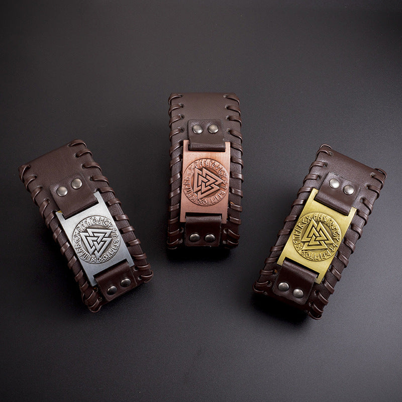 北欧维京图腾三角能量男士皮革手链