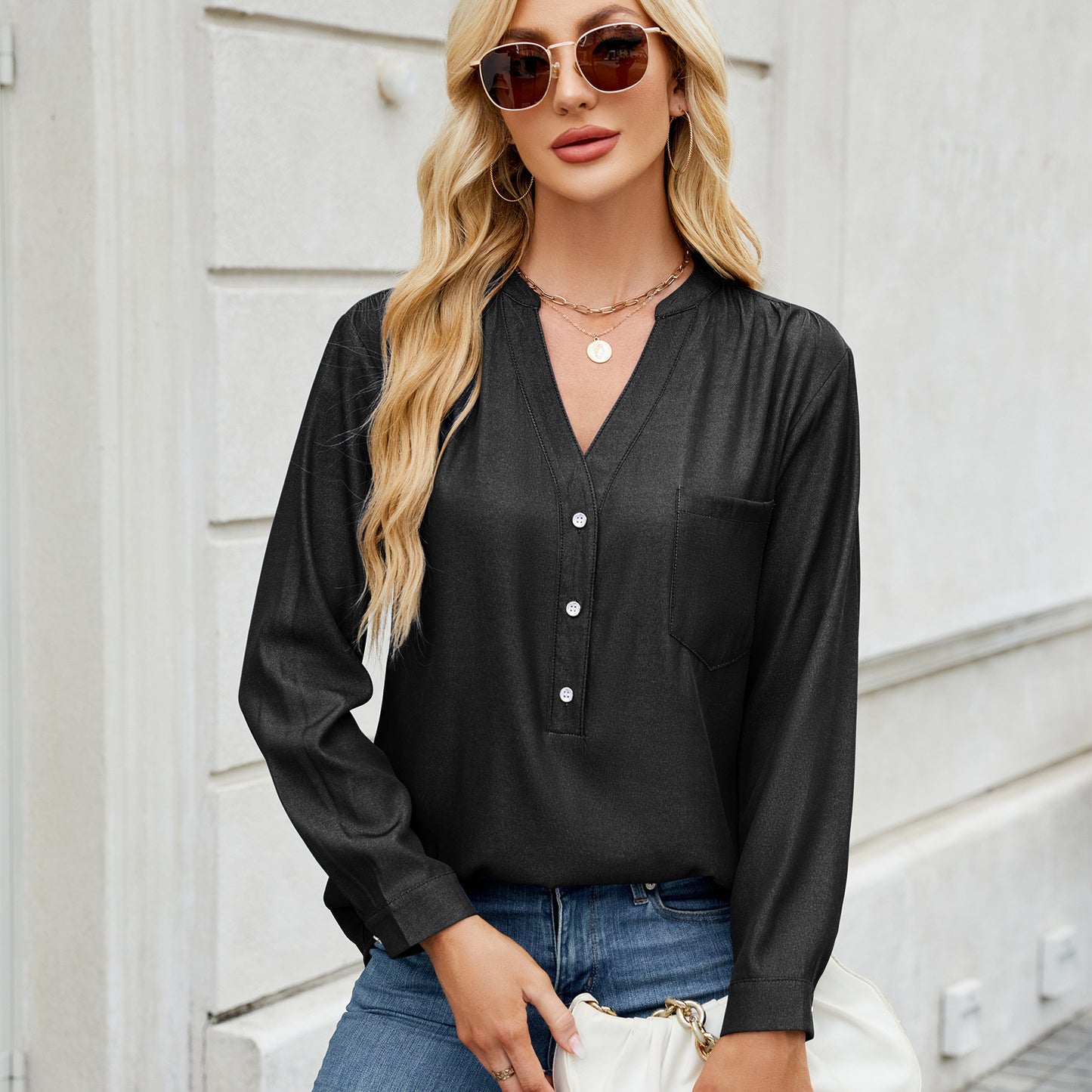 European and American V-neck one row button long sleeved shirt top