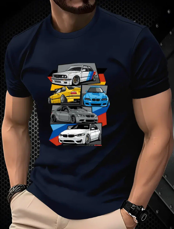 Round Neck T-Shirt with Car and Beer Pattern Custom Order
