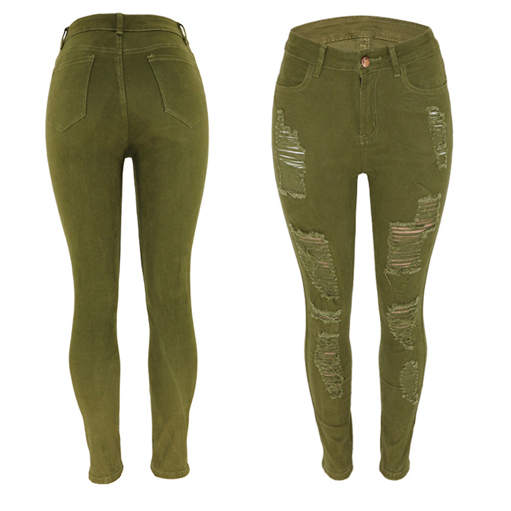 Knee ripped jeans, women's slim fit multi colored small leg pants, European station pants, women's pants, large size
