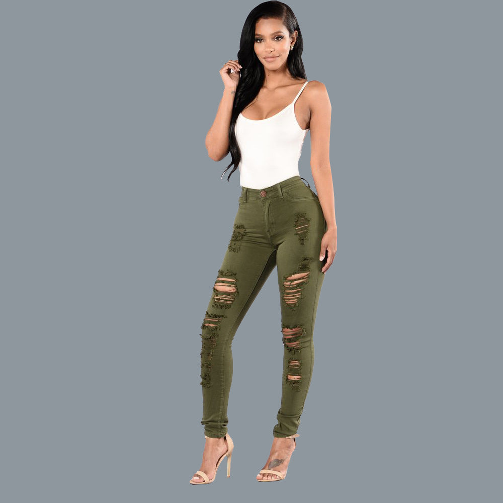 Knee ripped jeans, women's slim fit multi colored small leg pants, European station pants, women's pants, large size