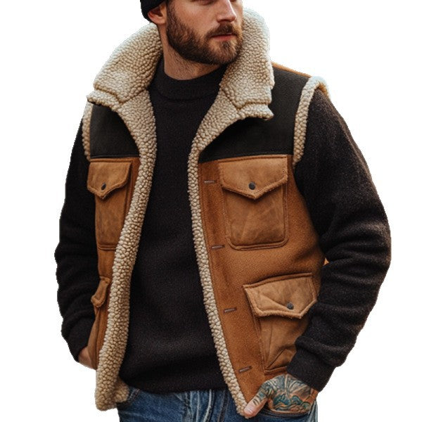 Multi-pocket Patchwork Suede Casual Sleeveless Jacket for Men