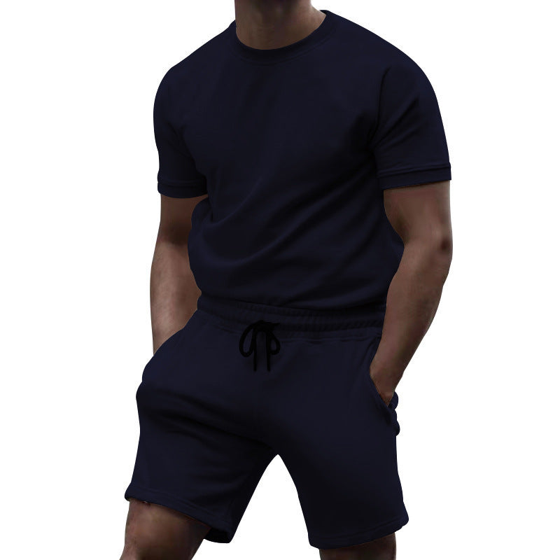 Summer men's short sleeved sports and leisure patchwork round neck fitness suit