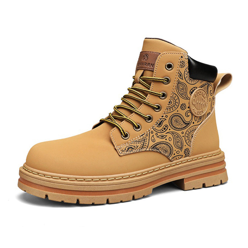 Men's high top Martin boots autumn and winter outdoor casual workwear shoes retro frosted surface thick soled yellow boots