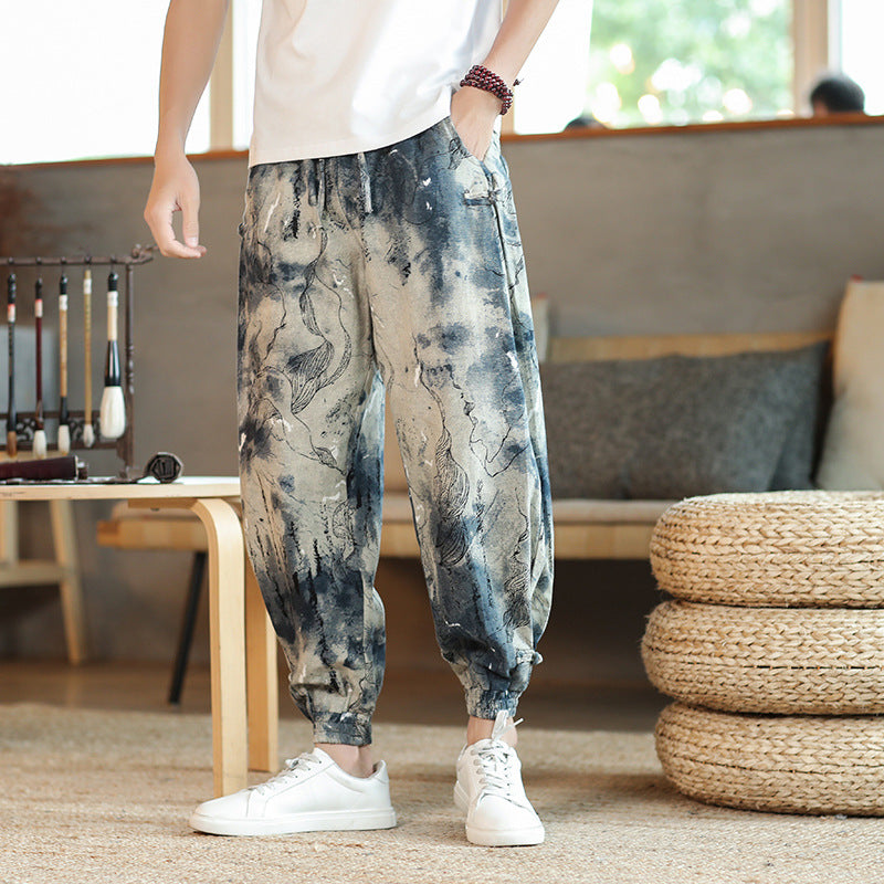 Style Casual Trousers for Men Trendy Long Pants Loose Fit Wide Leg Cuffed Pants
