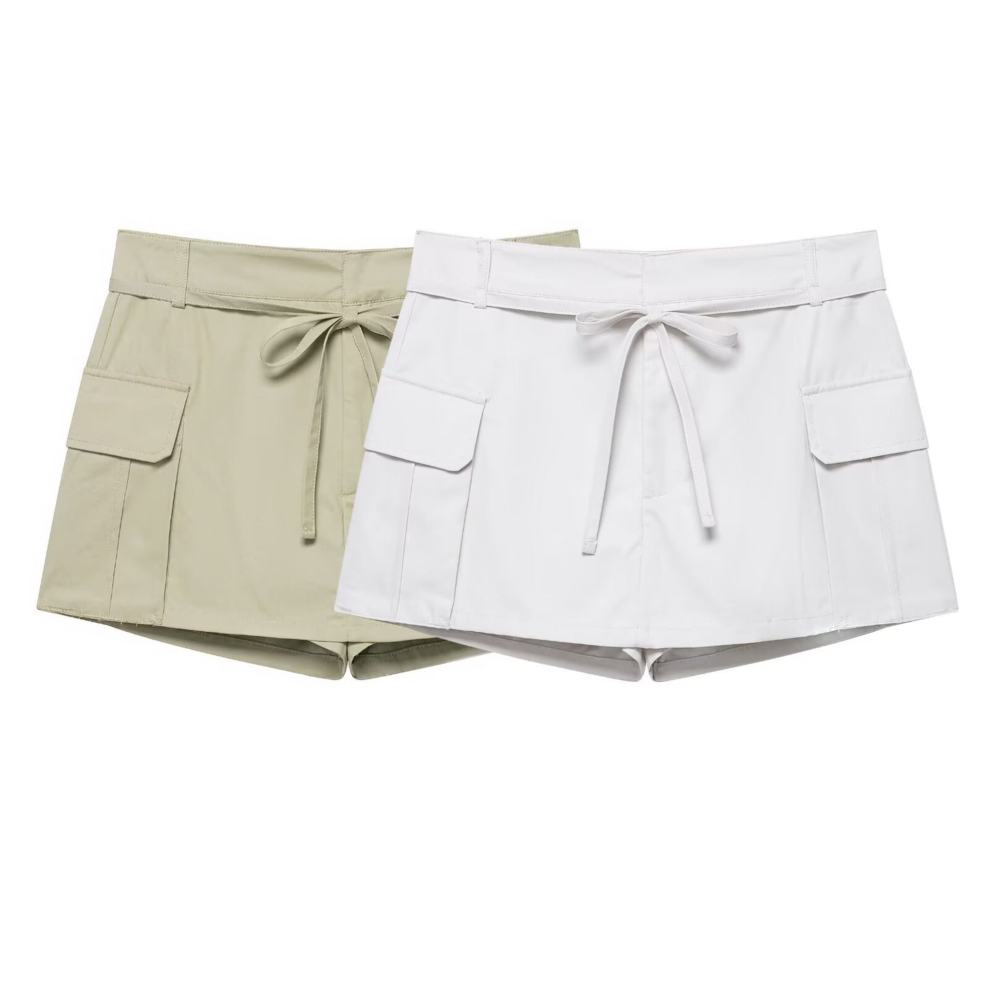 Drawstring tie solid color belt safety pants skirt for women