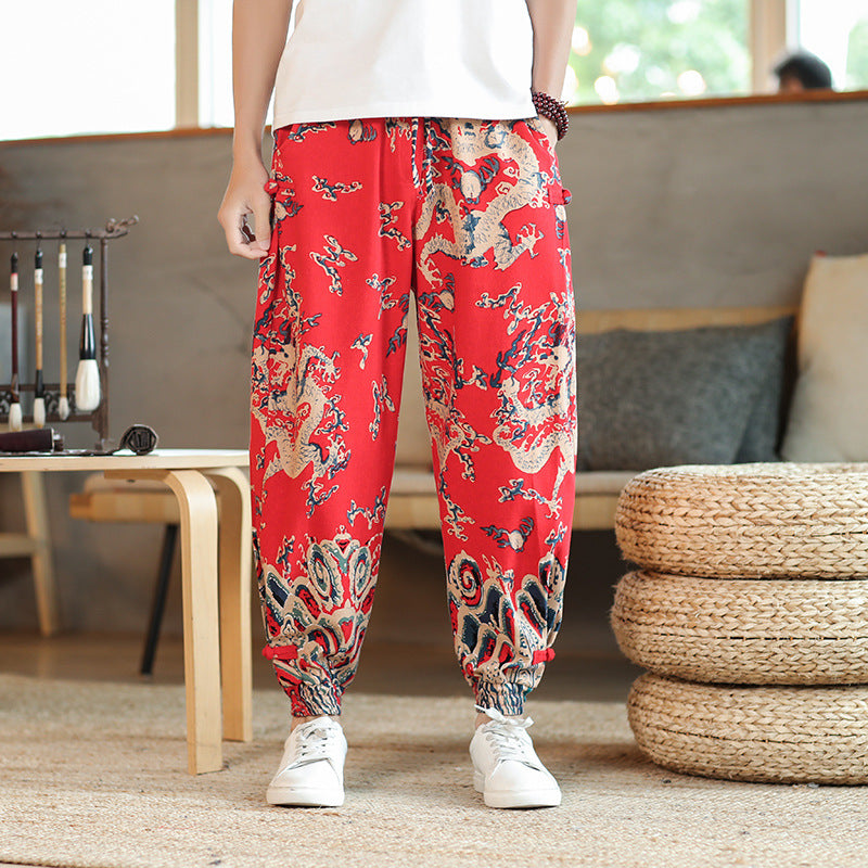 Style Casual Trousers for Men Trendy Long Pants Loose Fit Wide Leg Cuffed Pants