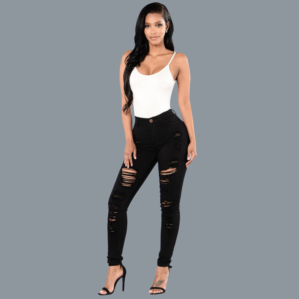 Knee ripped jeans, women's slim fit multi colored small leg pants, European station pants, women's pants, large size