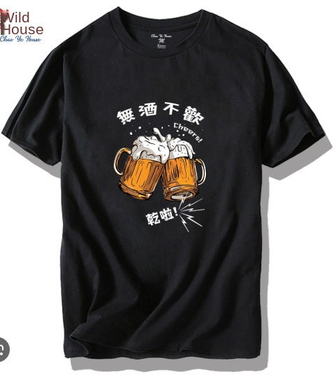 Round Neck T-Shirt with Car and Beer Pattern Custom Order