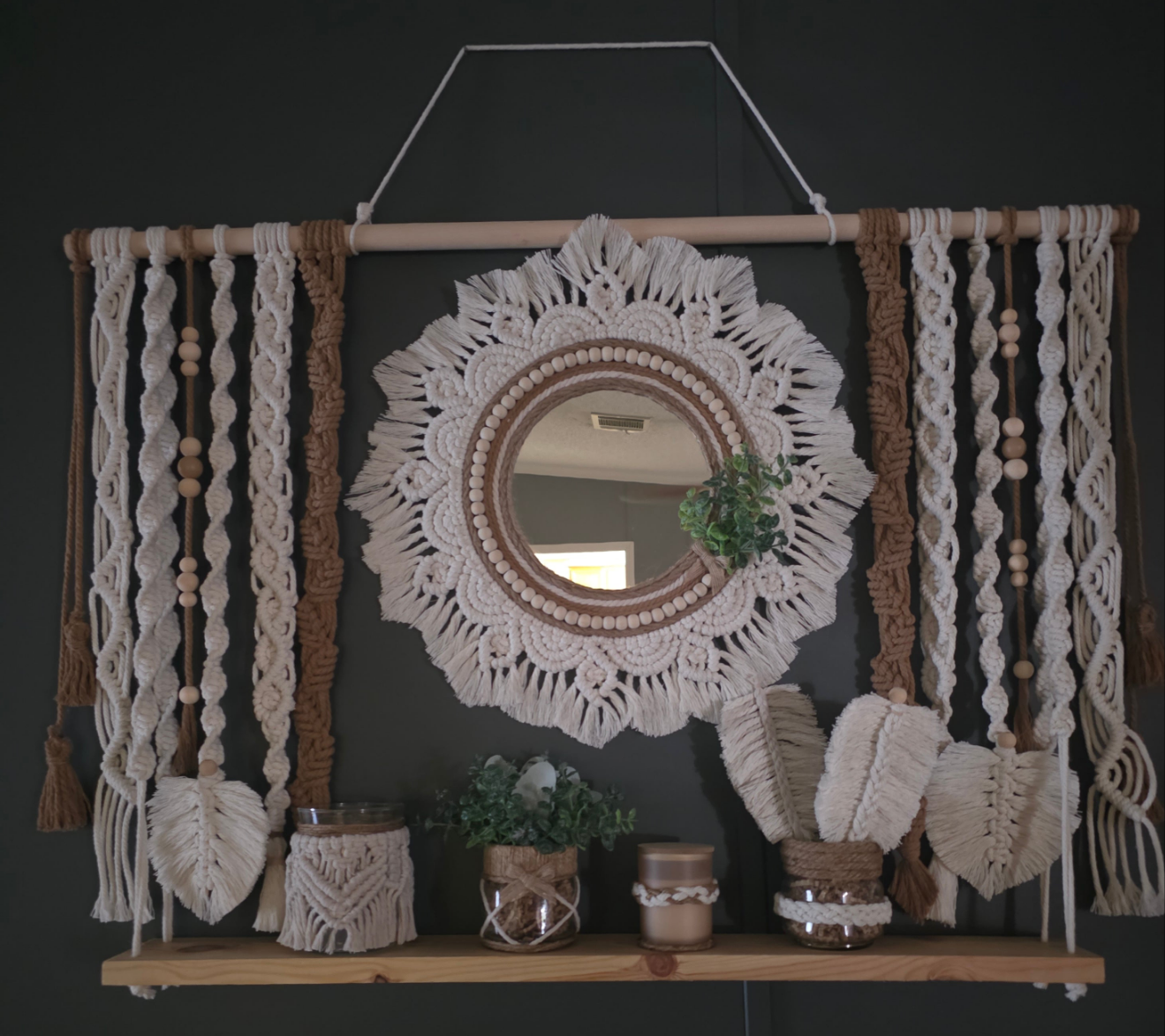 Boho Macramé Wall Hanging with Mirror and Shelf