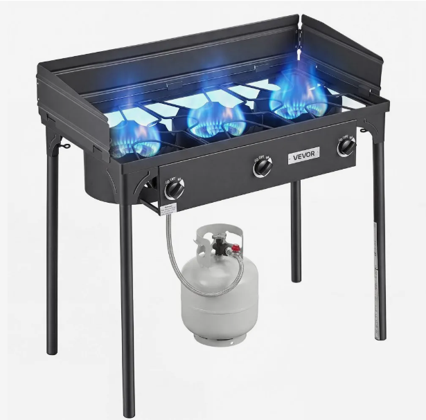3 Burner Outdoor Propane Gas Stove, 225,000 BTU Propane LPG Gas Camping Stove, Heavy-duty Carbon Steel Outdoor Cooker, with Shield & Tall Stand & Regulator, for BBQ Camp Home Patio Backyard