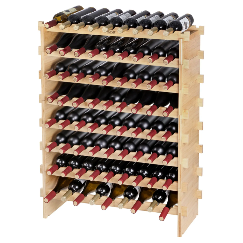 72 Bottle Stackable Modular Wine Rack, 8-Tier Solid Bamboo Wood Storage Racks, Floor Freestanding Wines Holder Display Shelf, Wobble-Free Shelves for Kitchen, Bar, and Cellar (Natural Color)