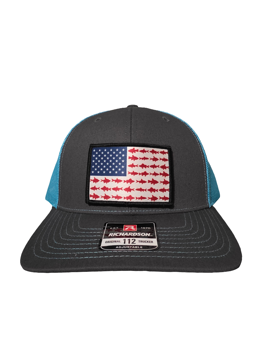 Fish American Flag Velcro Patch Hat –2"x3"interchangeable patches.