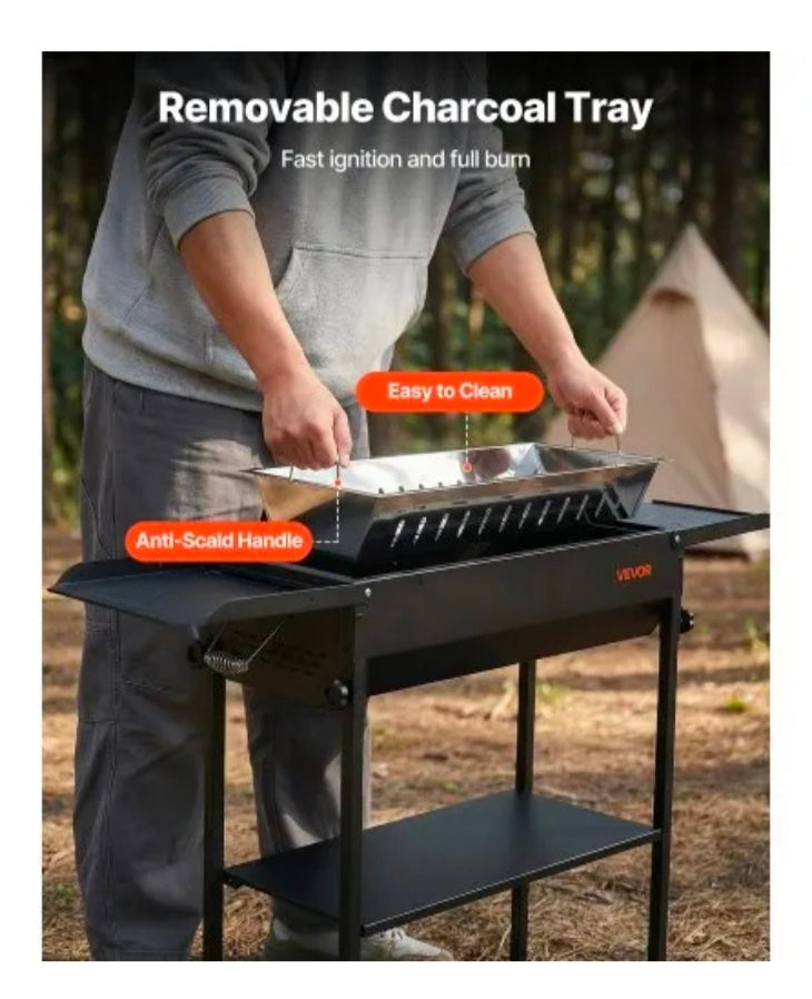 VEVOR Foldable Charcoal Grill, Portable Charcoal Barbecue Grill with Adjustable Height & Folding Side Tables, High-Temp Powder-Coated Steel Outdoor BBQ Grills for Camping Backyard Parties