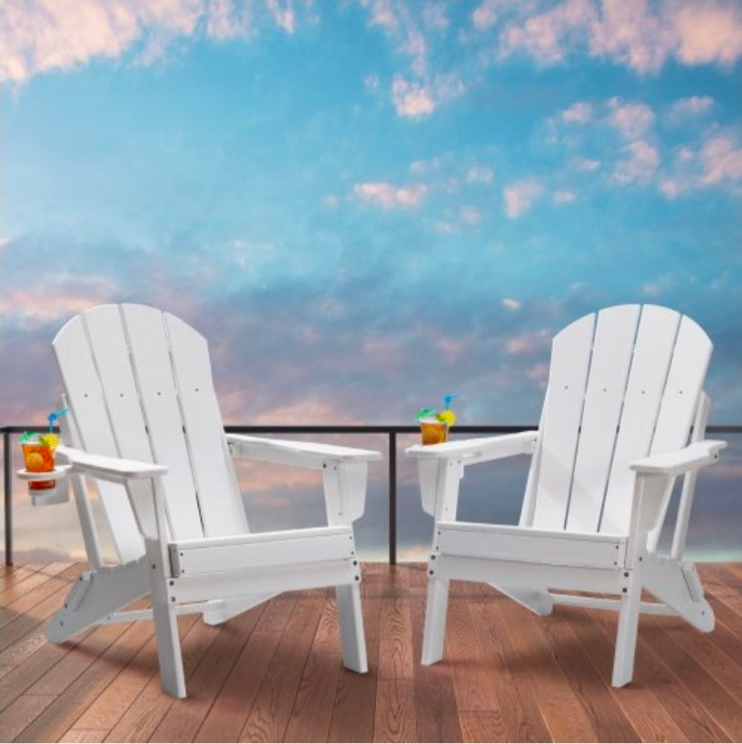 Adirondack Chair Plastic, Set of 2 All-Weather Portable Folding Fire Pit Chair, Outdoor Adirondack Patio Chair with Cup Holder, with Relaxing Arm Rest Ergonomic, for Garden, Backyard