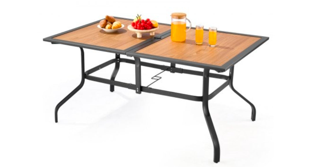 Outdoor Patio Dining Table, 59 inch Long Rectangular Metal Steel Slat Backyard Bistro Tables for 4-6, with 1.5 in Umbrella Hole, All-Weather Large Furniture for Lawn Garden Porch, Black or Brown Wood Grain