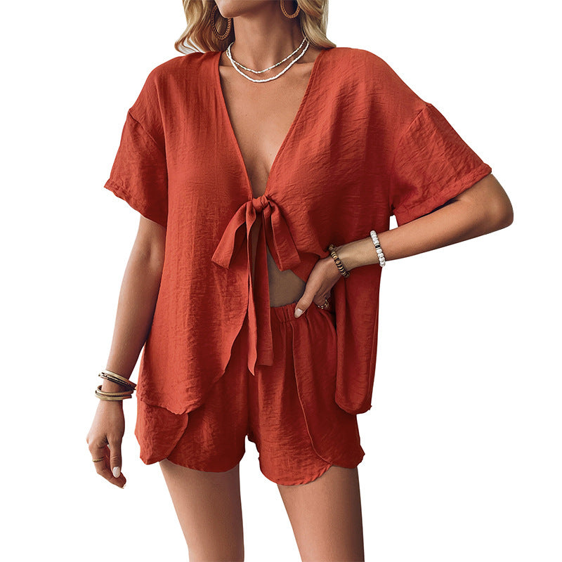 Women's fashion casual chest tie shirt shorts two-piece set for women