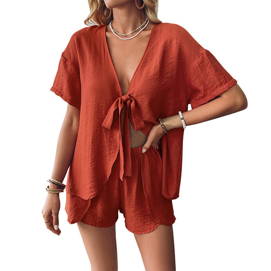 Women's fashion casual chest tie shirt shorts two-piece set for women