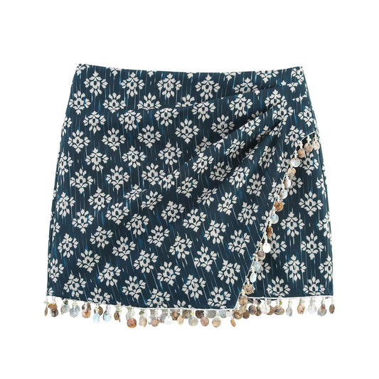 Beaded asymmetrical patchwork half length skirt pants for women