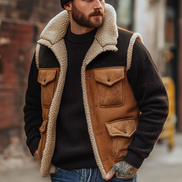 Multi-pocket Patchwork Suede Casual Sleeveless Jacket for Men