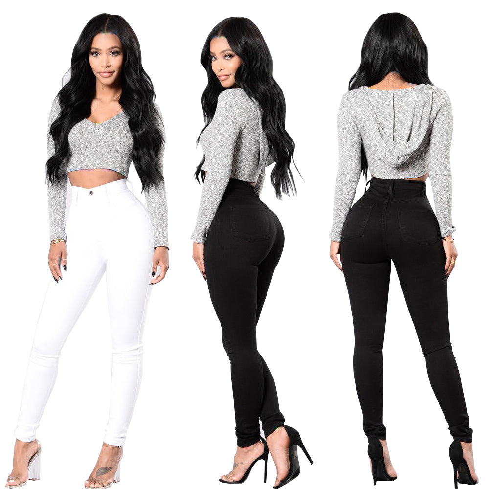 Style fashionable black high elasticity small foot plus size hip lifting women's jeans
