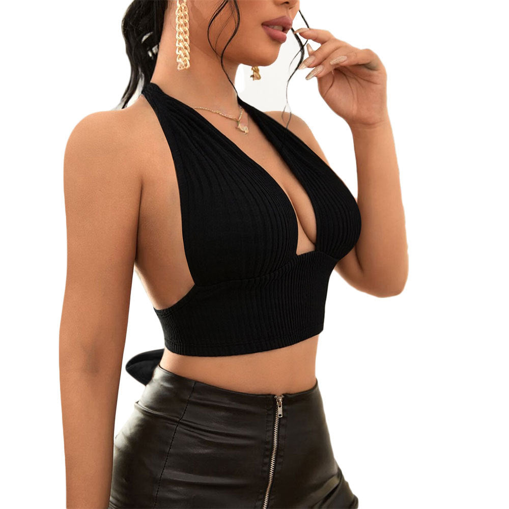 Women's sexy halter top with summer backless design short V-neck top