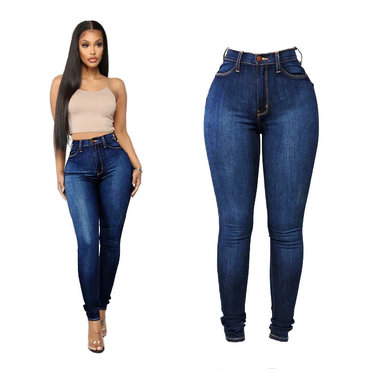 Style fashionable black high elasticity small foot plus size hip lifting women's jeans