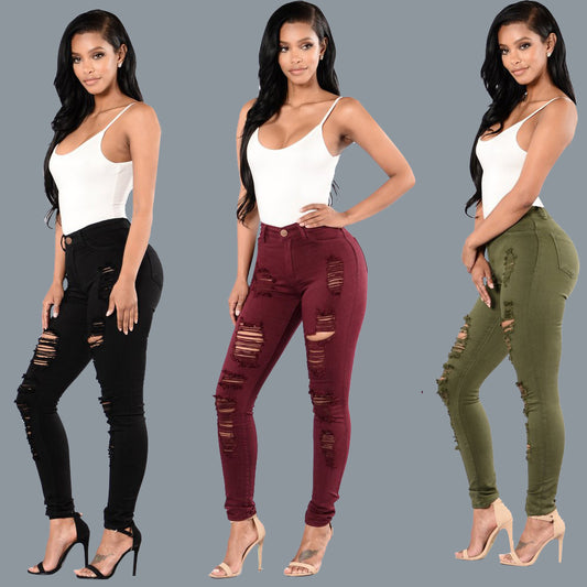Knee ripped jeans, women's slim fit multi colored small leg pants, European station pants, women's pants, large size