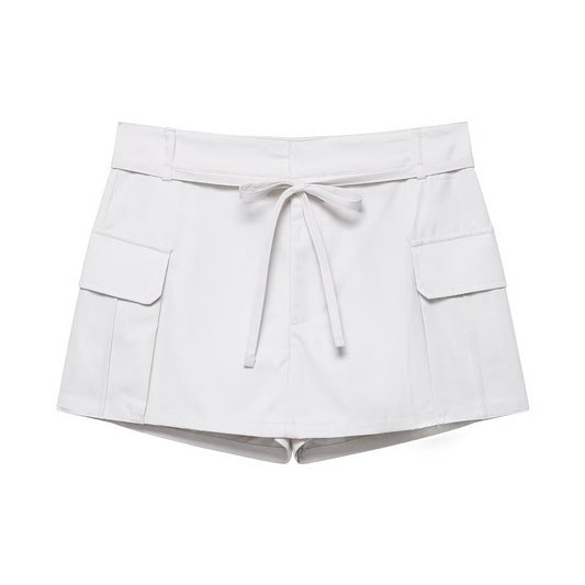 Drawstring tie solid color belt safety pants skirt for women