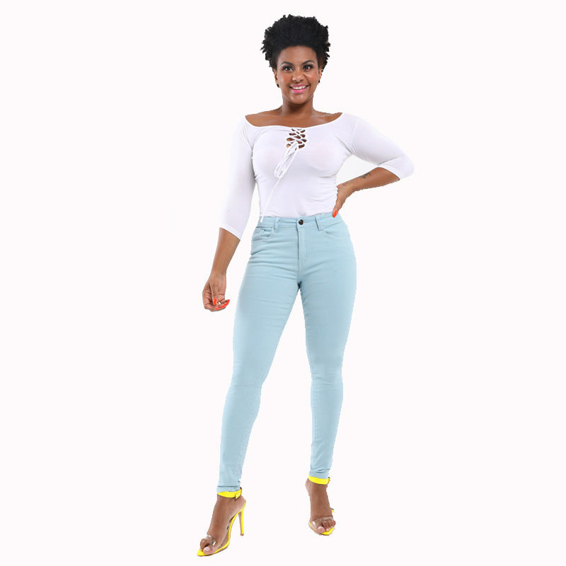 Style fashionable black high elasticity small foot plus size hip lifting women's jeans