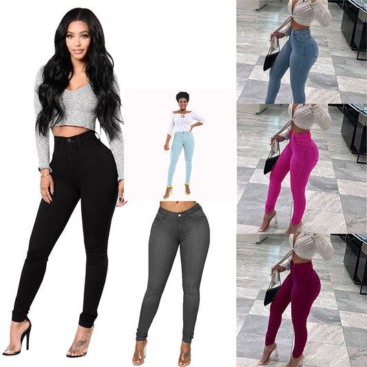Style fashionable black high elasticity small foot plus size hip lifting women's jeans