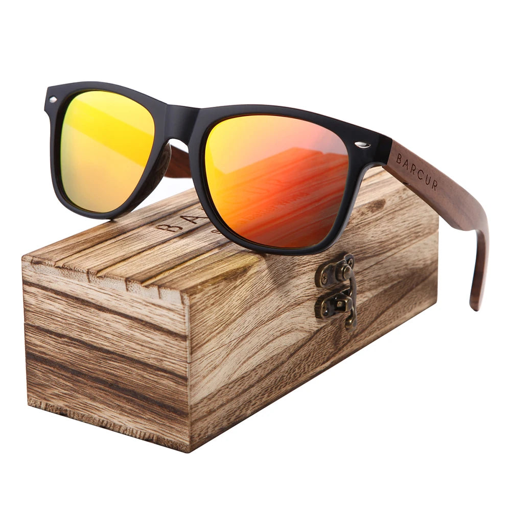 BARCUR Black Walnut Sunglasses Wood Polarized Sunglasses Men Eyewear Wooden