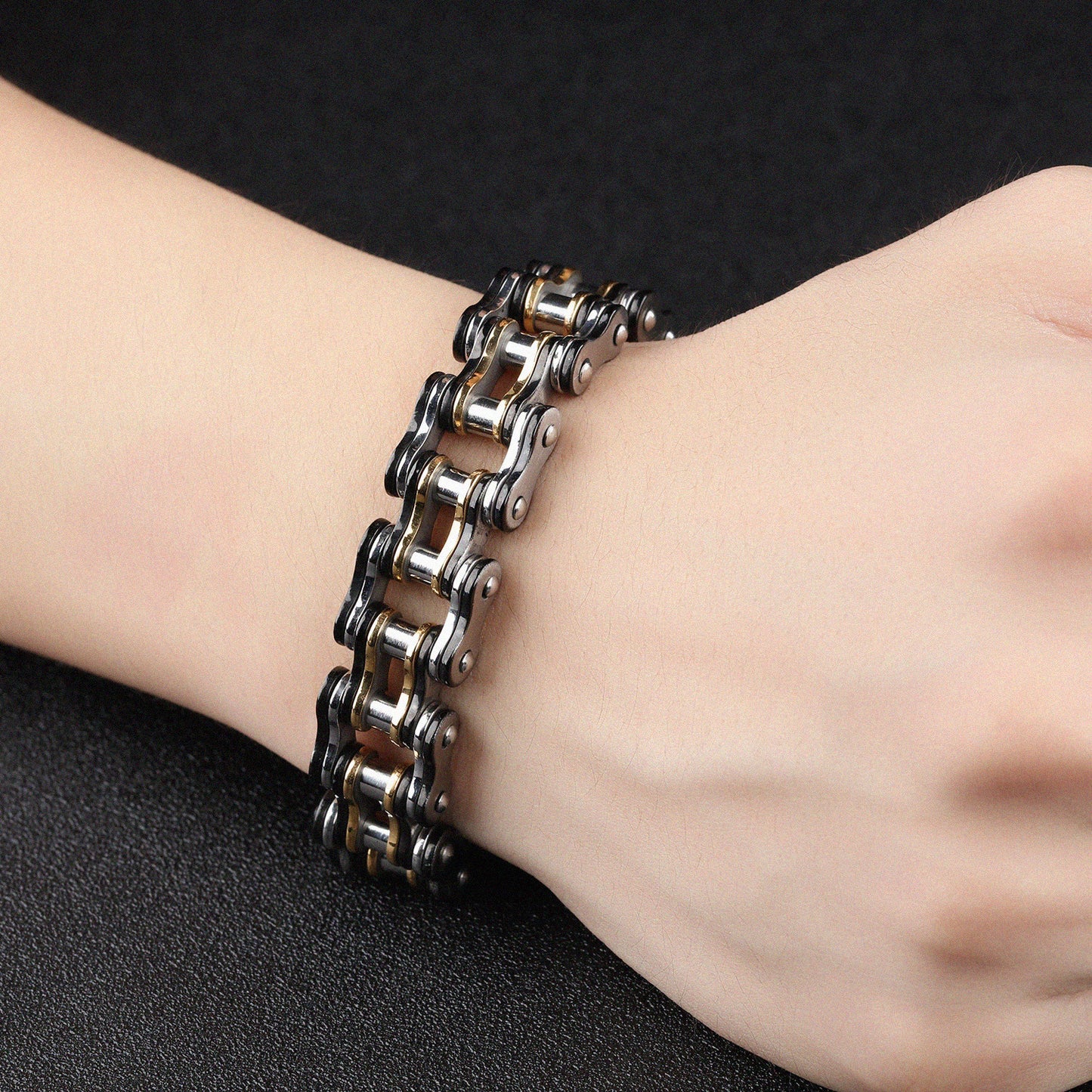 Stainless Steel Black And Gold Bicycle Bracelet