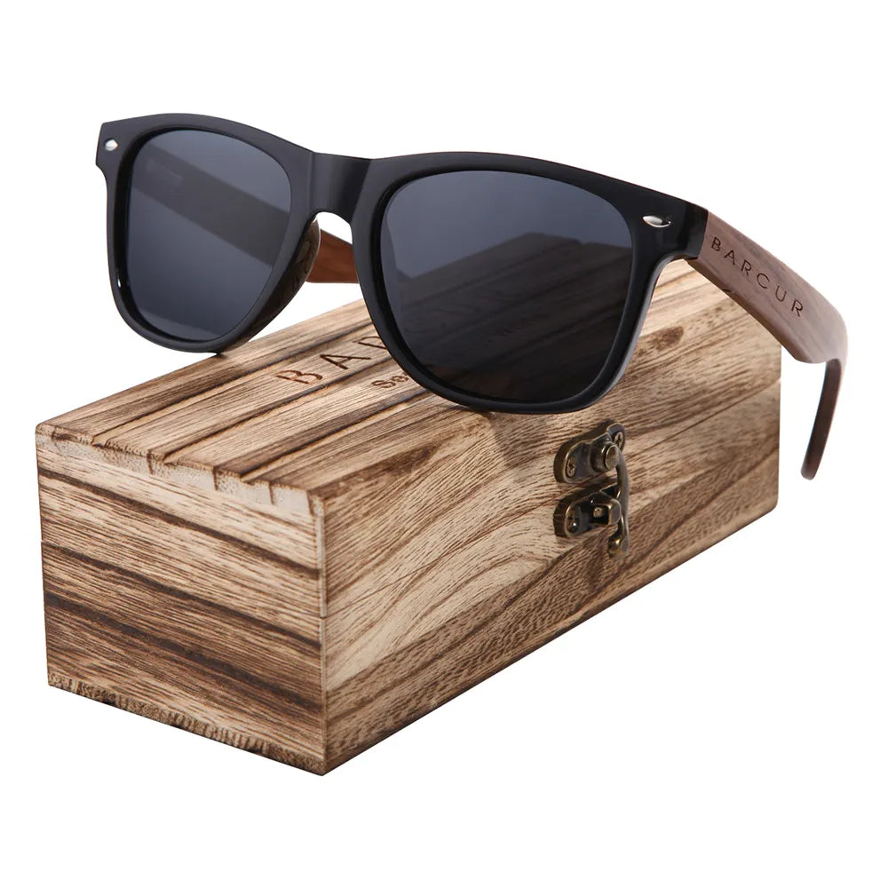 BARCUR Black Walnut Sunglasses Wood Polarized Sunglasses Men Eyewear Wooden