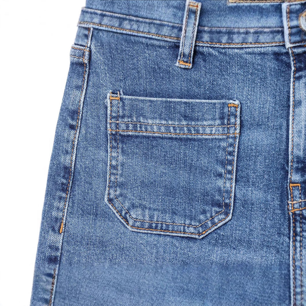 Pocket decoration micro flared denim pants for women