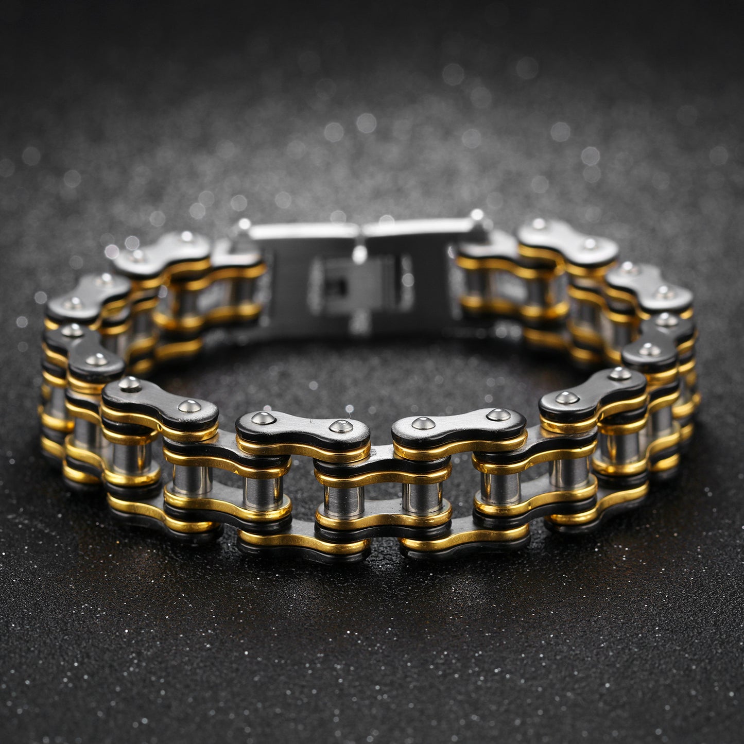 Stainless Steel Black And Gold Bicycle Bracelet