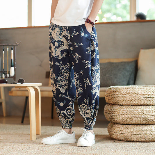 Style Casual Trousers for Men Trendy Long Pants Loose Fit Wide Leg Cuffed Pants
