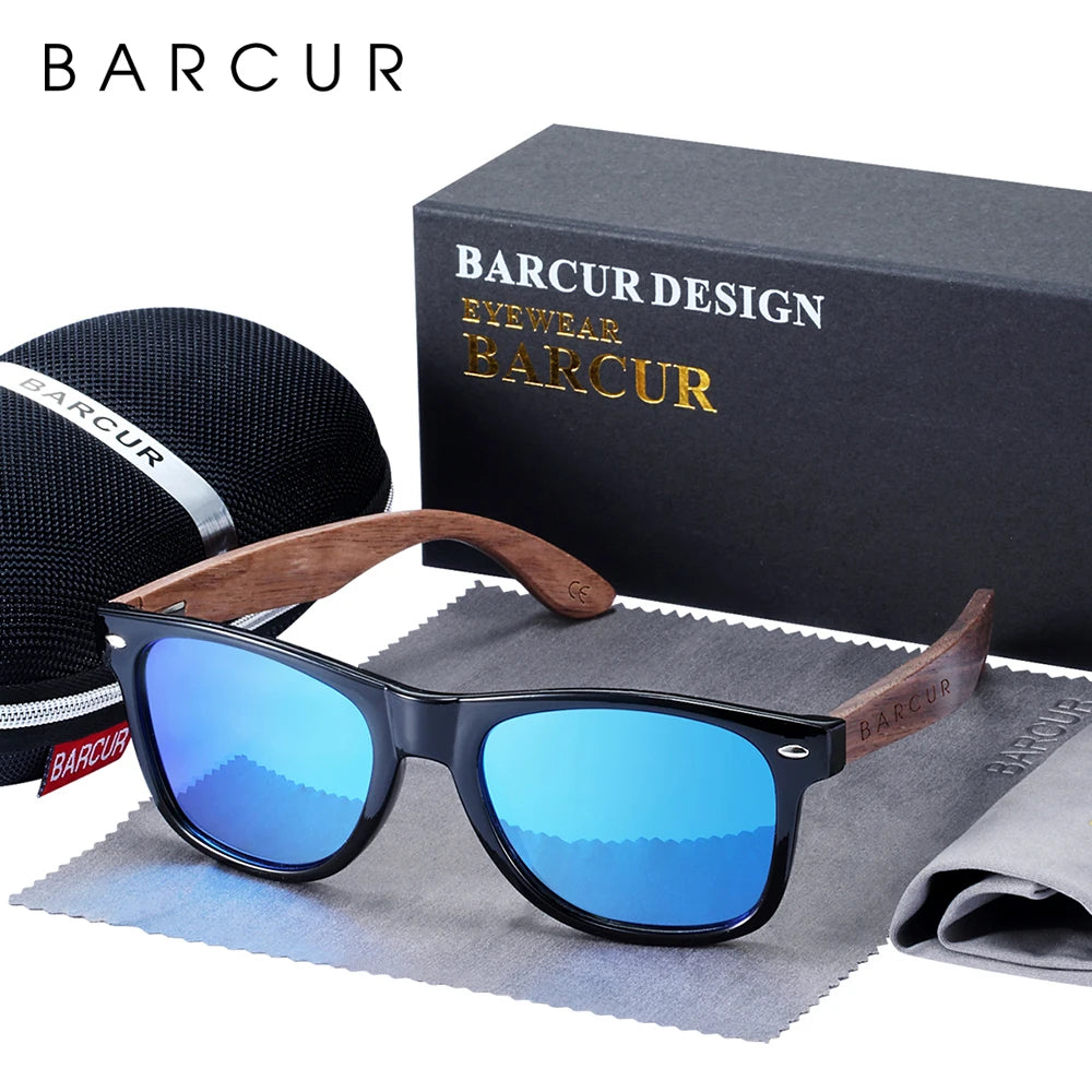 BARCUR Black Walnut Sunglasses Wood Polarized Sunglasses Men Eyewear Wooden