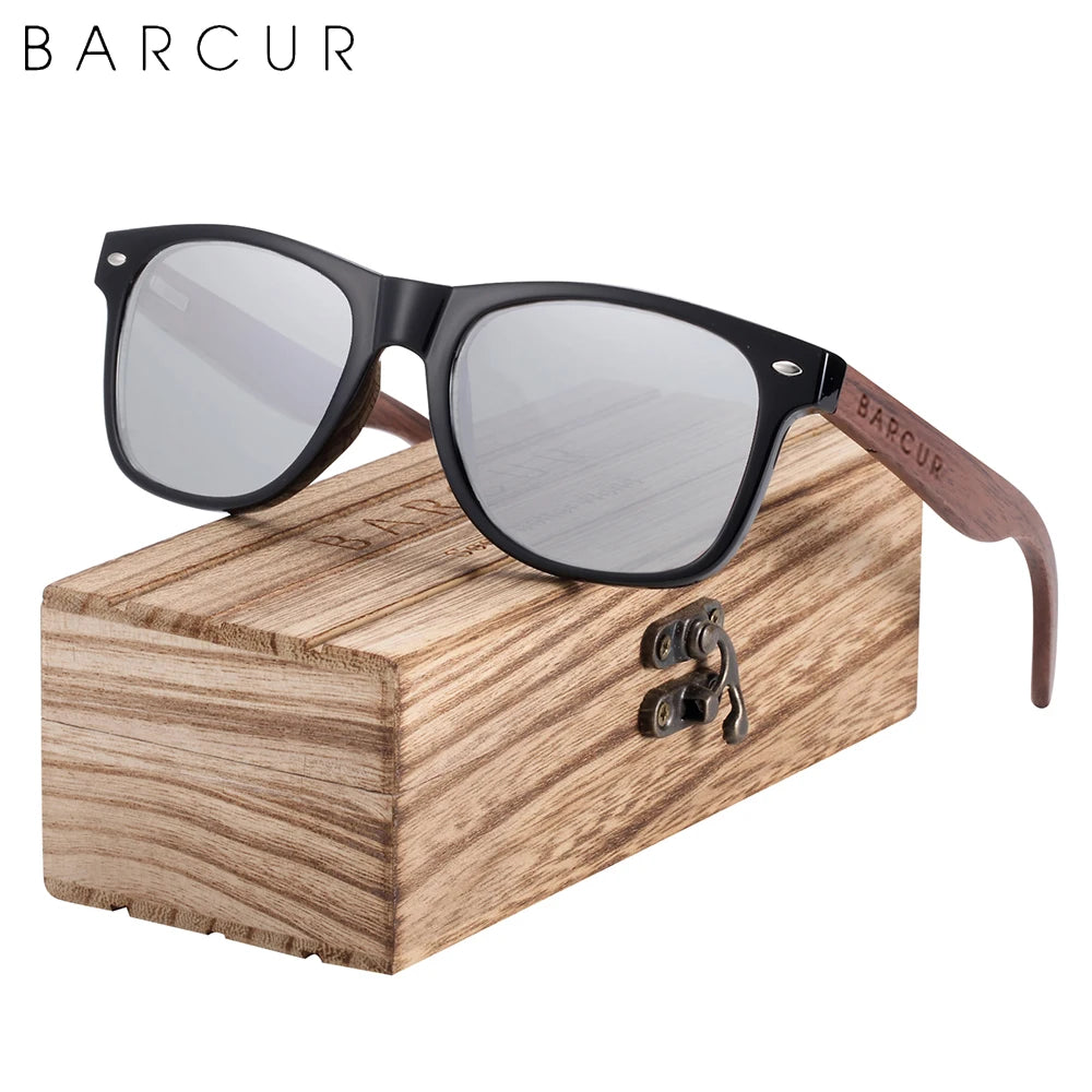 BARCUR Black Walnut Sunglasses Wood Polarized Sunglasses Men Eyewear Wooden