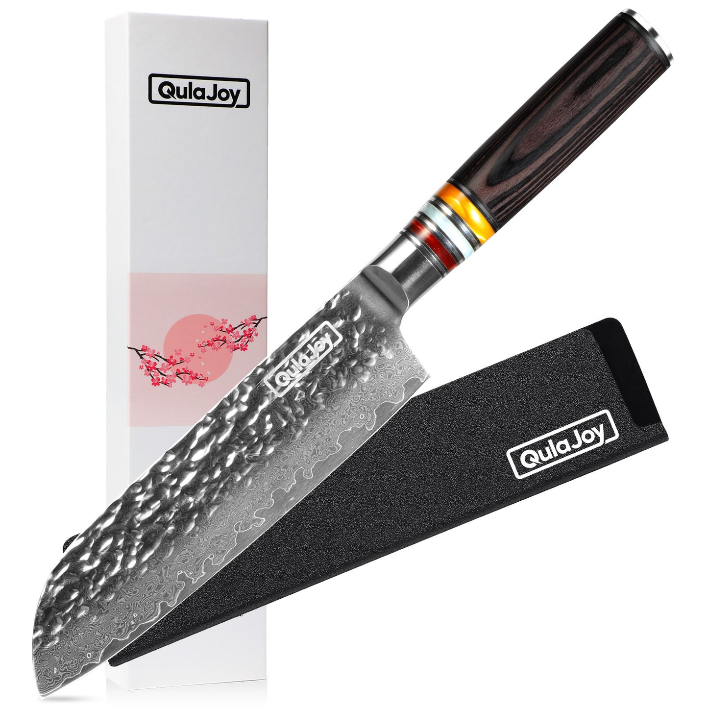 Qulajoy 7 Inch Nakiri Chef Knife,Professional Japanese 67 Layers Damascus VG-10 Steel Core,Hammered Vegetable Cutting Knife,Ergonomic Pakkawood Handle With Sheath