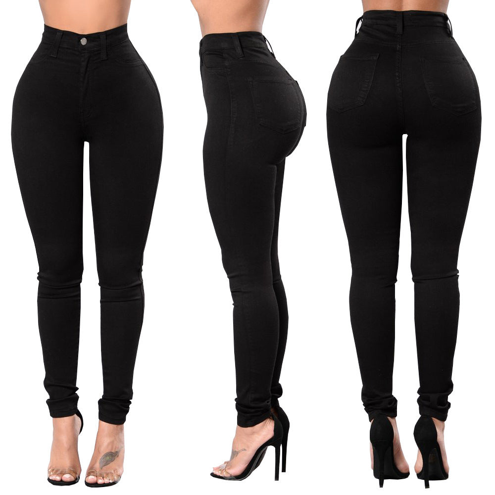 Style fashionable black high elasticity small foot plus size hip lifting women's jeans