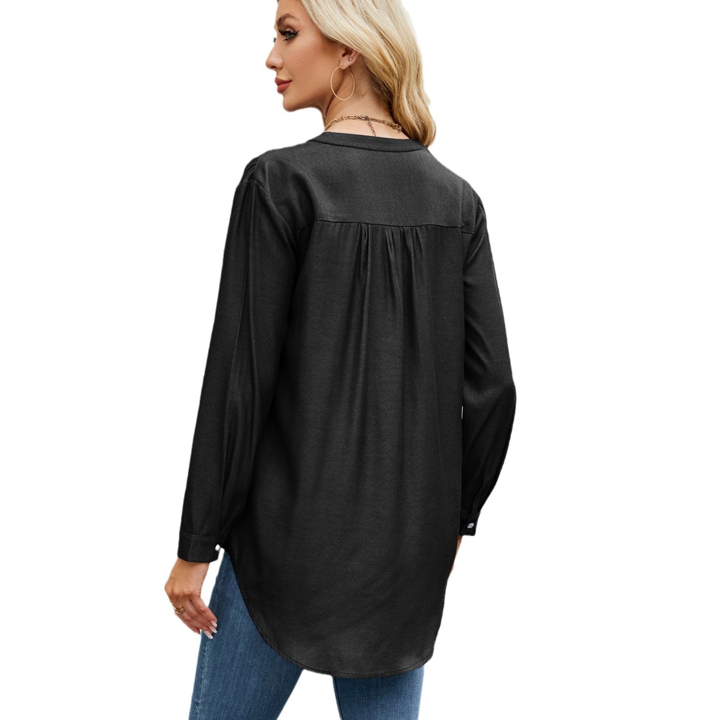 European and American V-neck one row button long sleeved shirt top