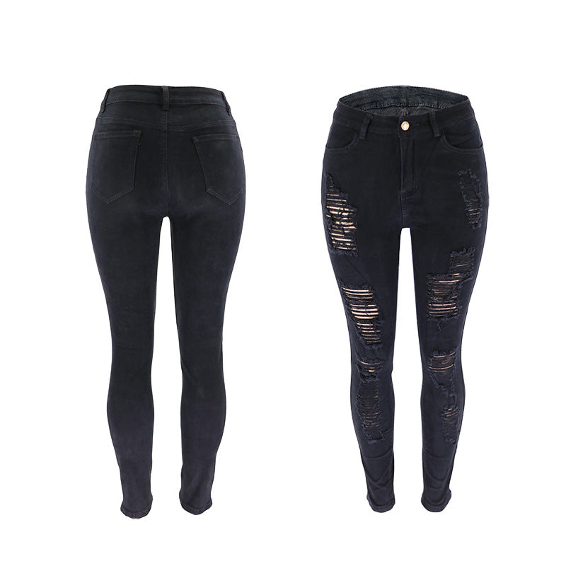 Knee ripped jeans, women's slim fit multi colored small leg pants, European station pants, women's pants, large size