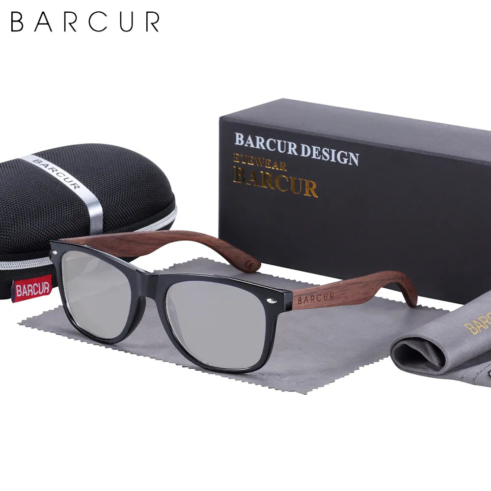 BARCUR Black Walnut Sunglasses Wood Polarized Sunglasses Men Eyewear Wooden