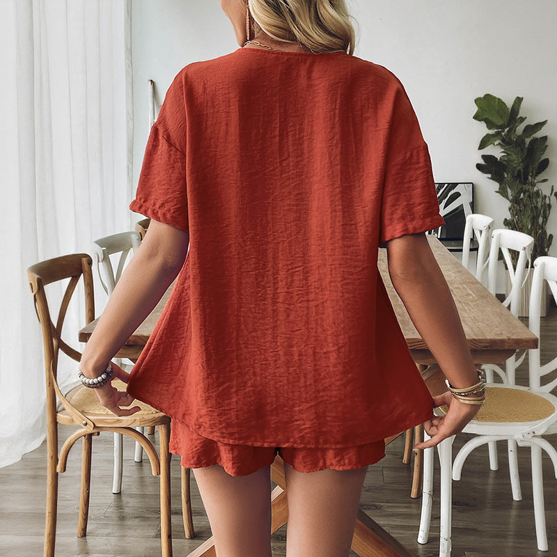 Women's fashion casual chest tie shirt shorts two-piece set for women